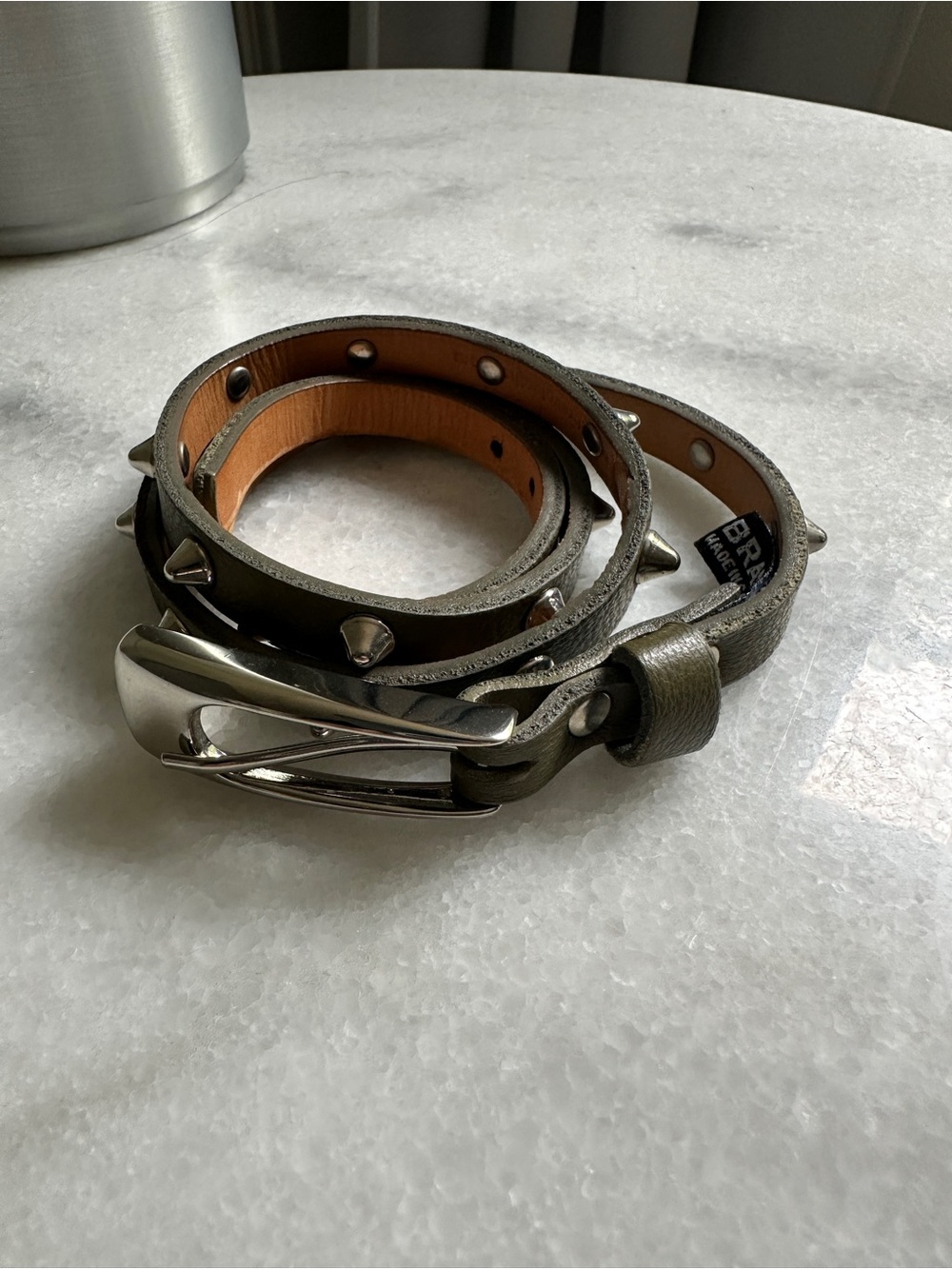 Studded Olive Leather Belt with Silver Buckle